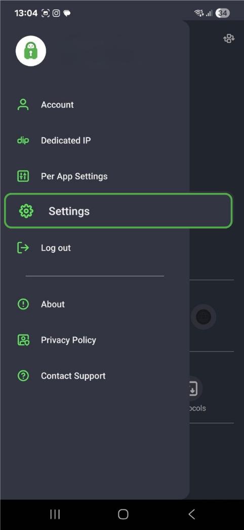 PIA's Android app's settings.
