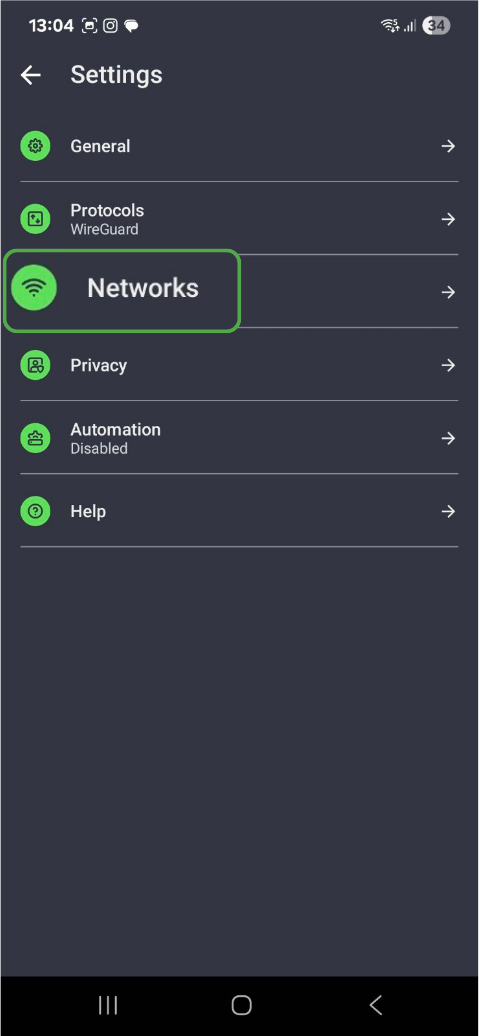 Settings menu in PIA's Android app.
