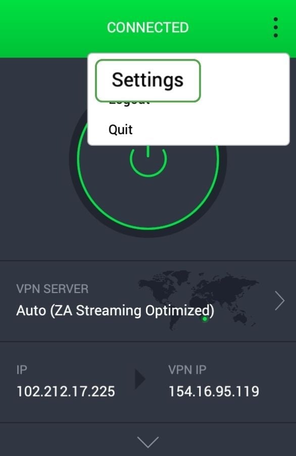 PIA macOS app with main menu open