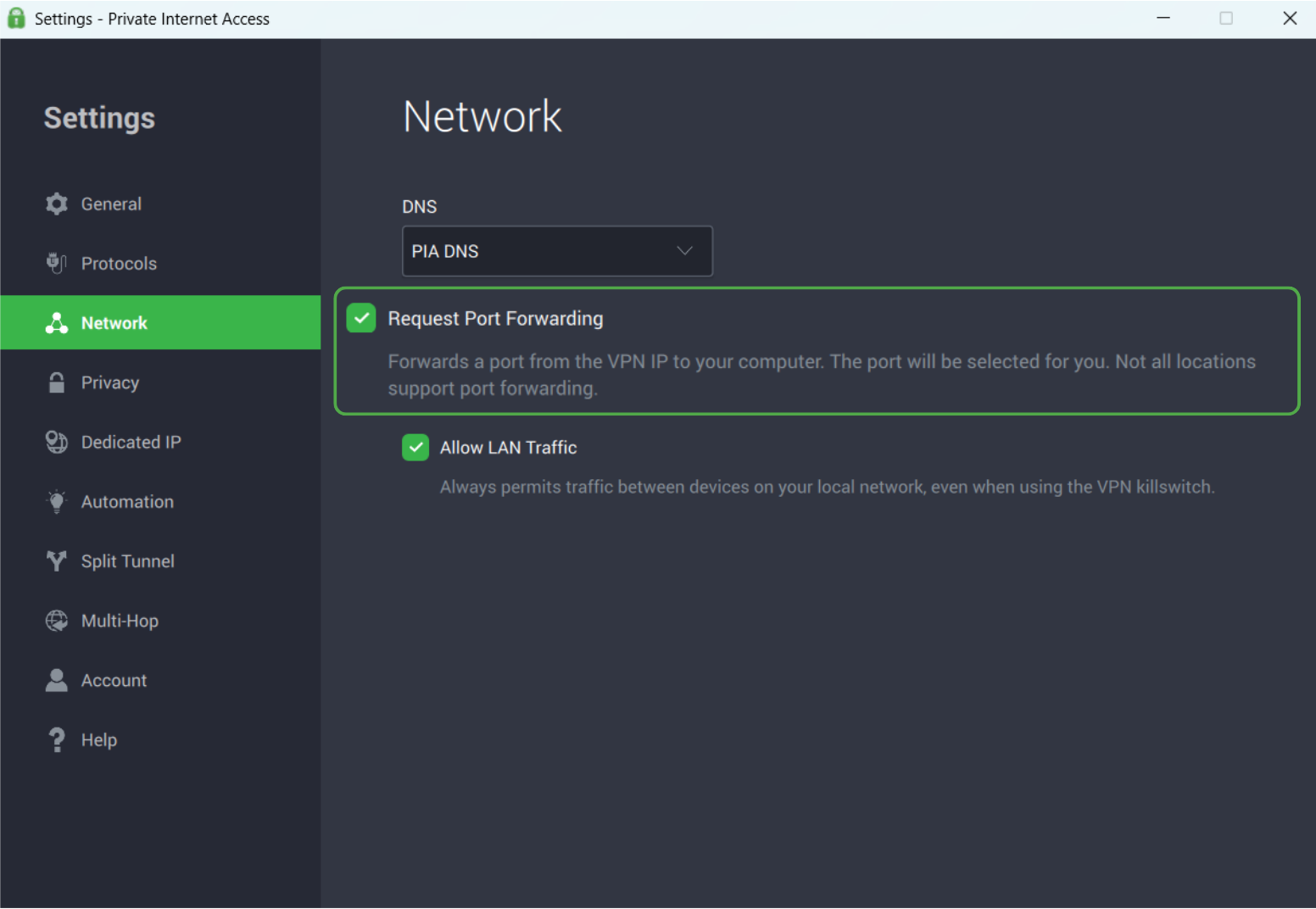 PIA VPN Windows app with Network tap opened and the port forwarding feature activated.

