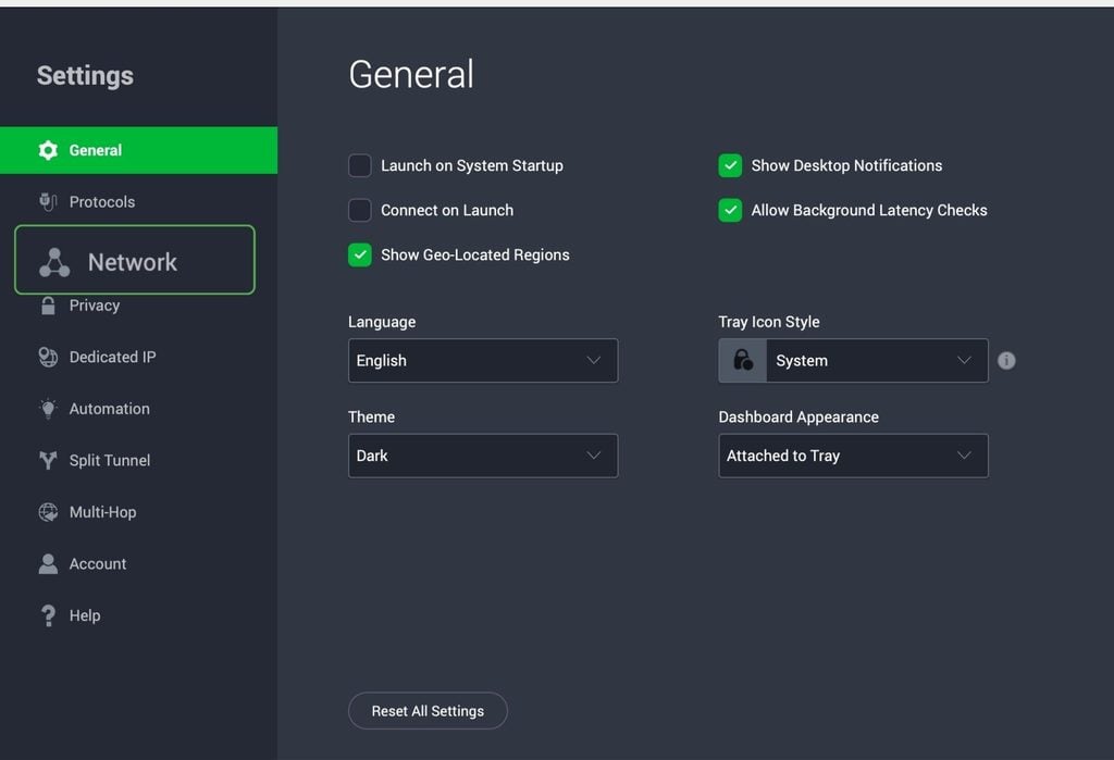 PIA app settings with Network highlighted in the left-hand menu