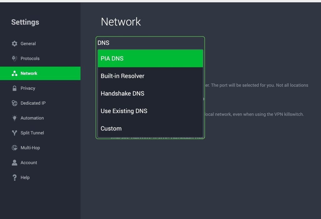 PIA macOS app with Network settings open and DNS options open in dropdown menu.