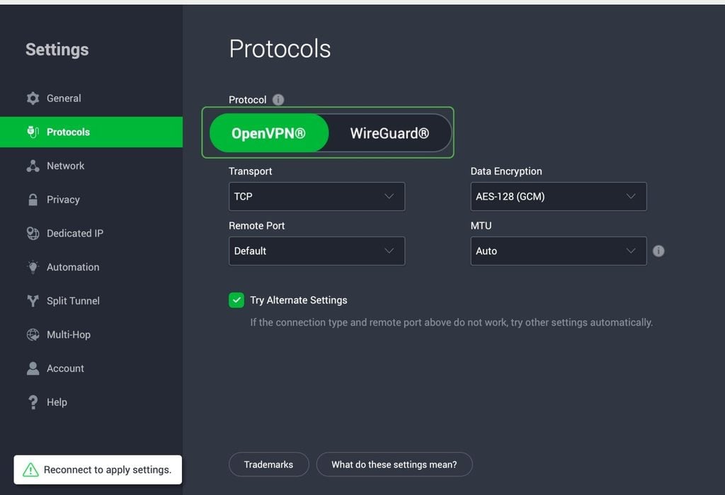 PIA VPN macOS app with Protocols settings open and protocol options highlighted.