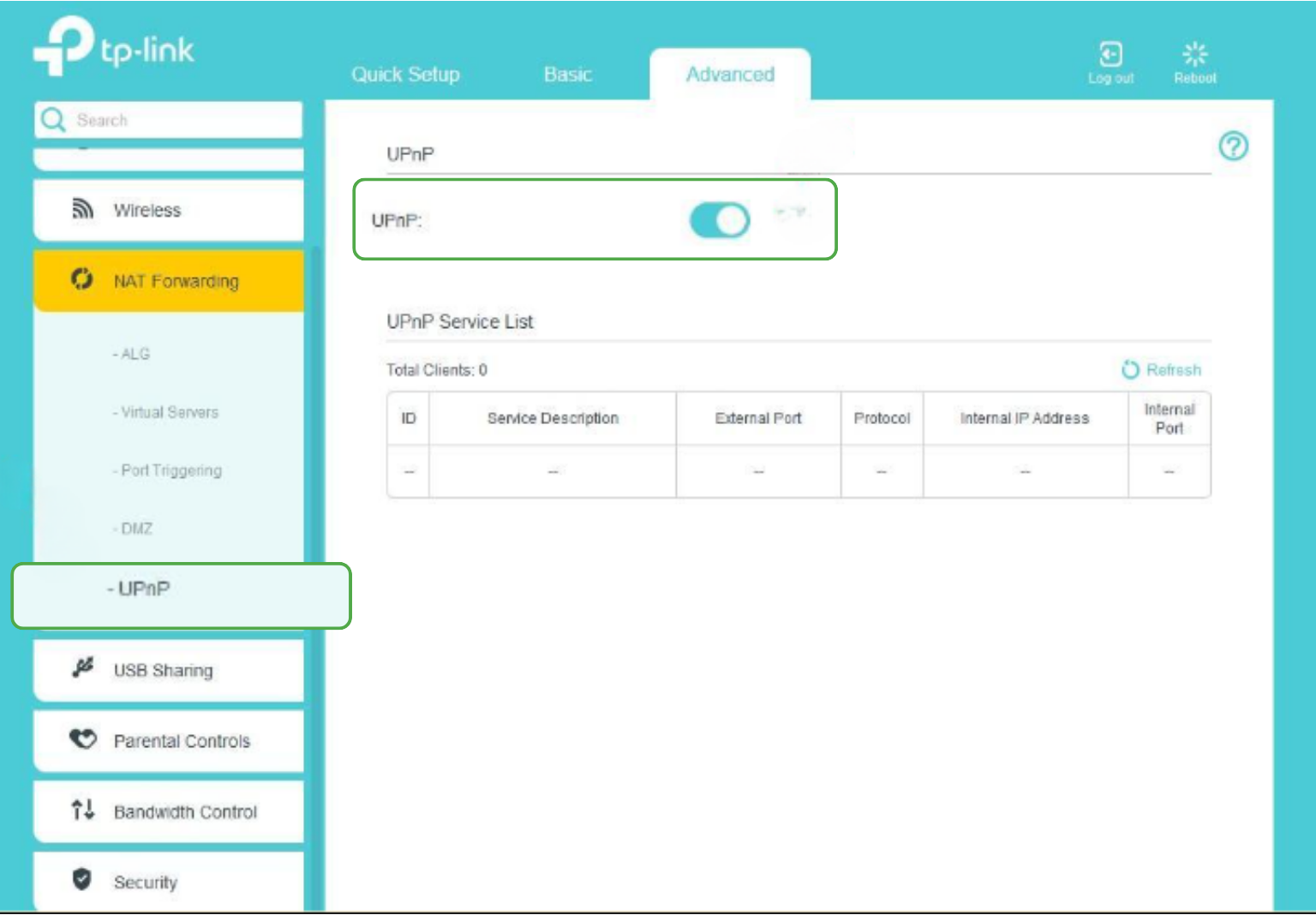 Enabling UPnP setting on a TP-Link router.

