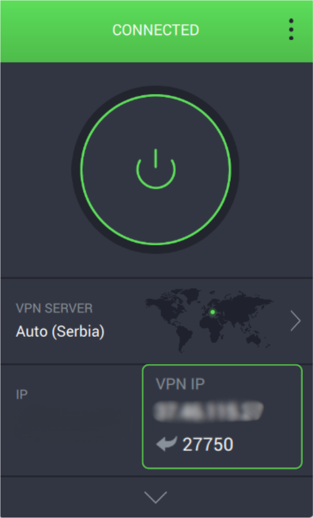 A screenshot of the PIA VPN Windows app connected and the port number highlighted.

