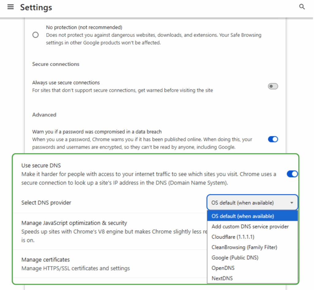 The secure DNS settings in Chrome settings, showing the DNS service provider options.