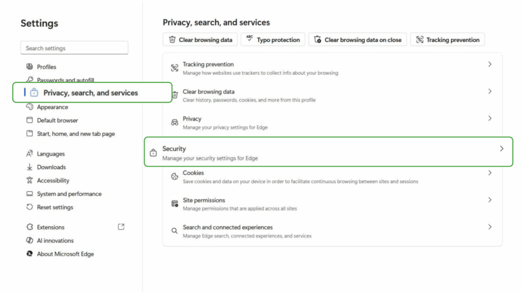 The "Privacy, search, and services" tab highlighted in Microsoft Edge settings, alongside the "Security" option.