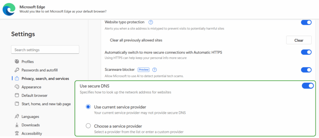 The secure DNS setting in Microsoft Edge highlighted, showing two options: using the current service provider or choosing a different service provider for DNS settings.
