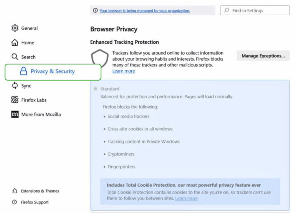 "Privacy & Security" tab highlighted in Firefox settings.
