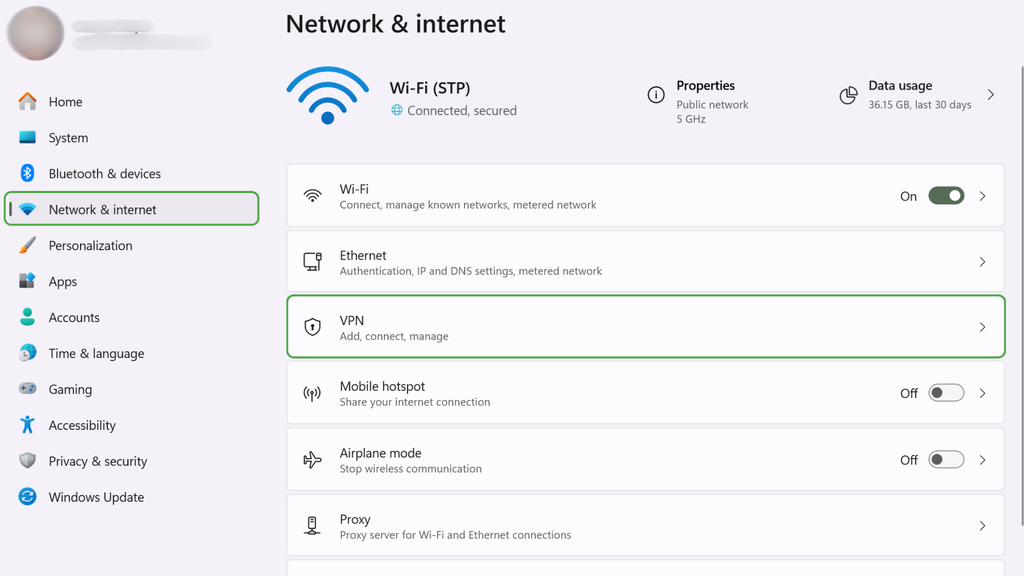 Windows 11 Settings screen showing “Network & Internet"