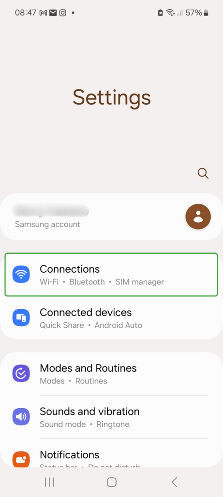 Android Settings screen showing “Connections” highlighted.