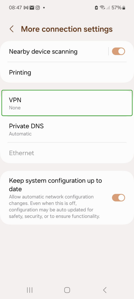 Android More Connections menu with “VPN” option highlighted.