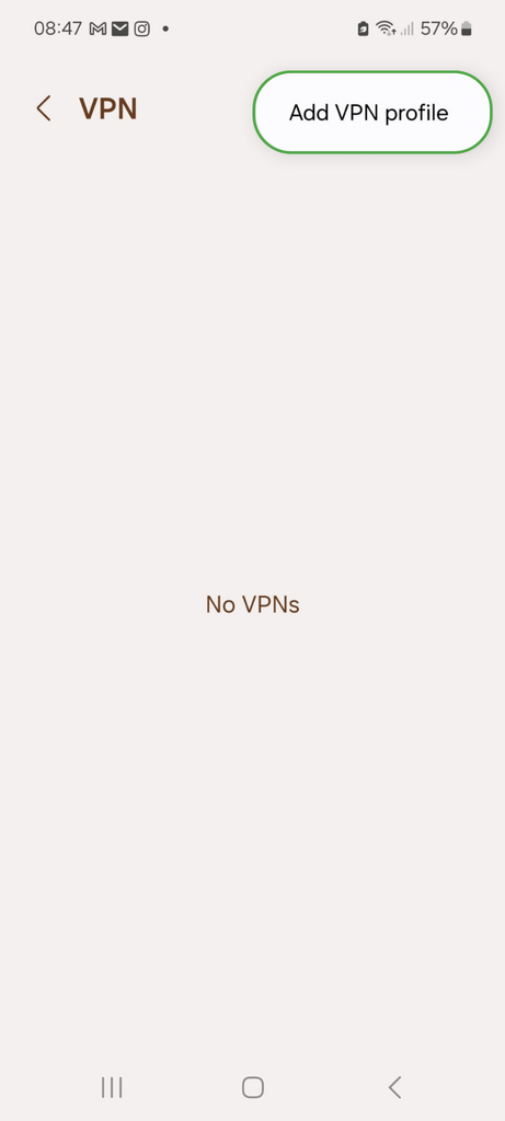 Android VPN menu showing “Add VPN profile” button highlighted.
