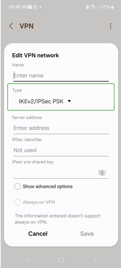 Android VPN setup form with VPN type dropdown set to “IKEv2/IPsec PSK” and fields for server, key, and credentials.