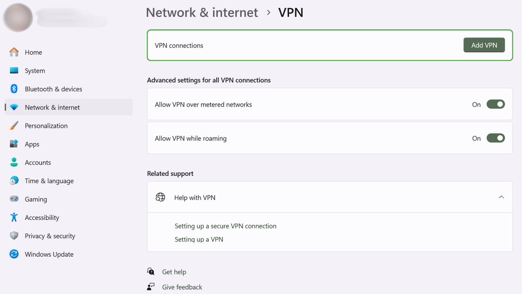 Windows VPN settings page with “Add VPN” button highlighted.