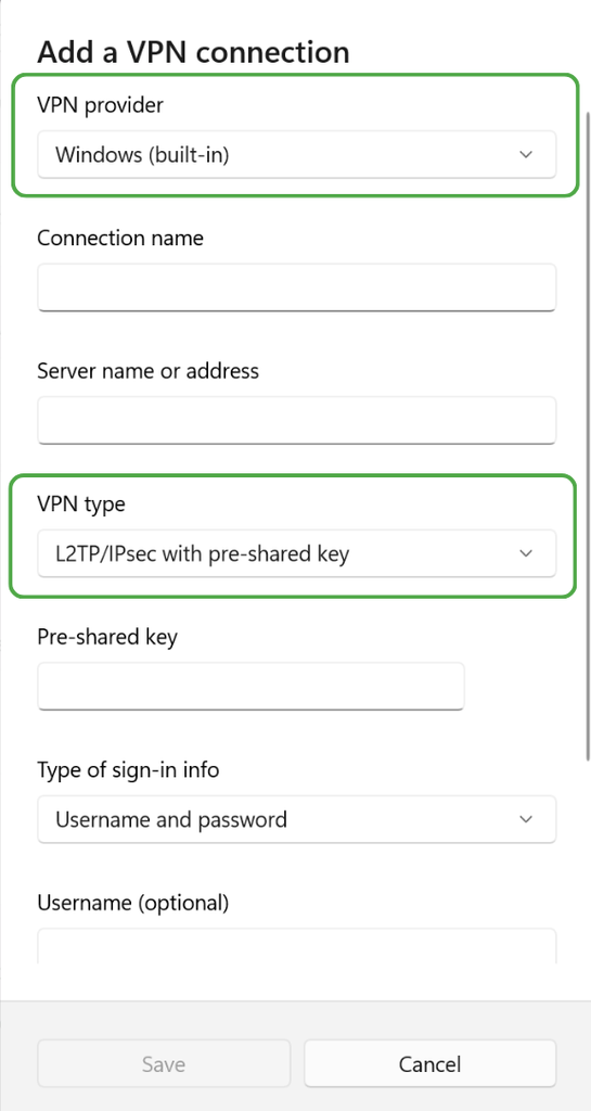 Windows VPN setup form showing provider dropdown set to “Windows (built-in)” and VPN type “L2TP/IPsec with pre-shared key