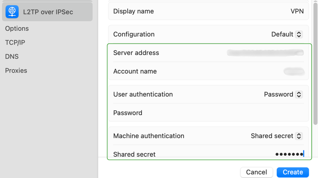 Mac System Settings showing the “Network” menu, with the option to add VPN configuration and select L2TP over IPSec as a protocol.