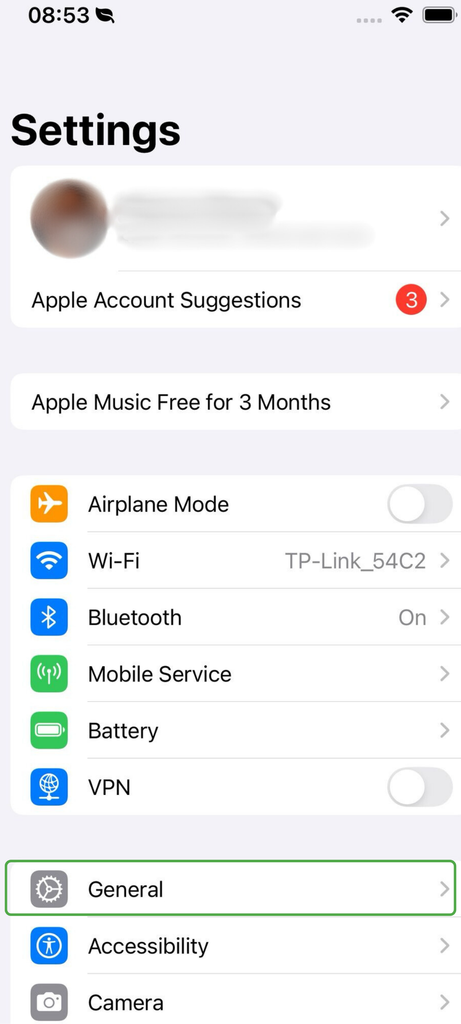 iPhone General settings page with “VPN & Device Management” highlighted.