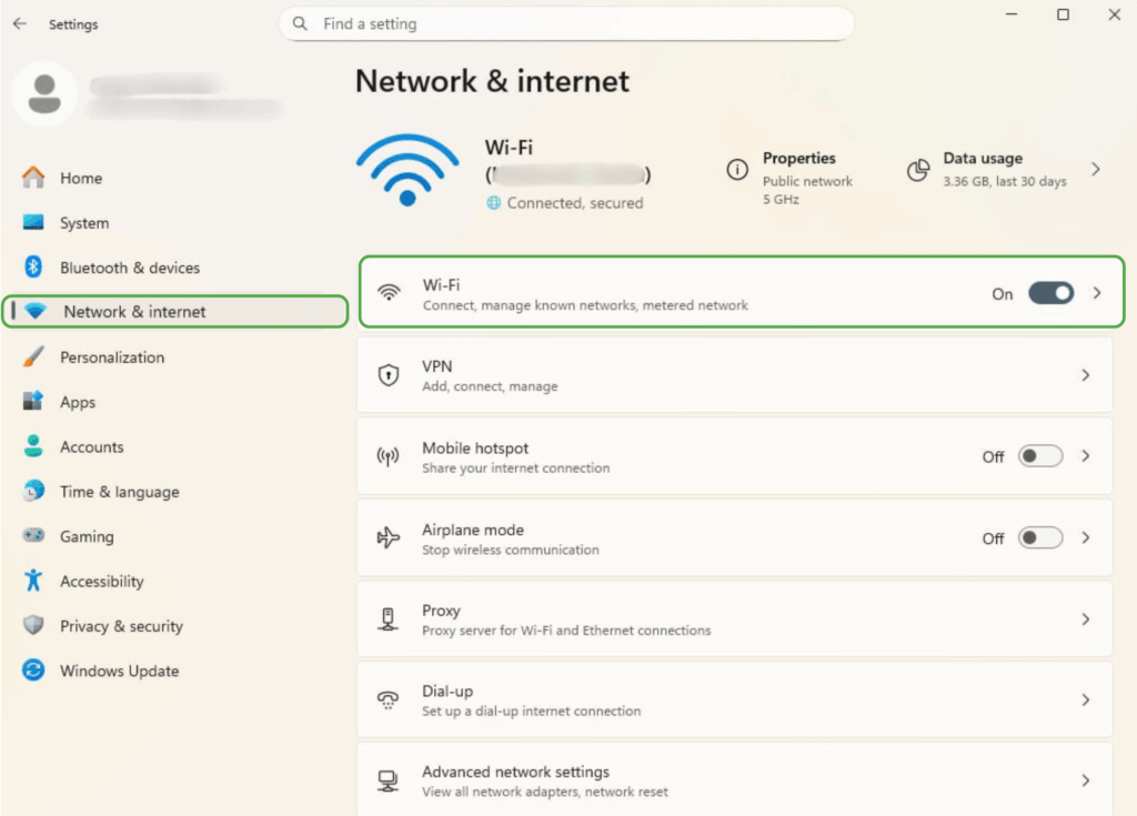 Windows 11 Settings, showing the Wi-Fi option highlighted in the "Network & internet" tab.