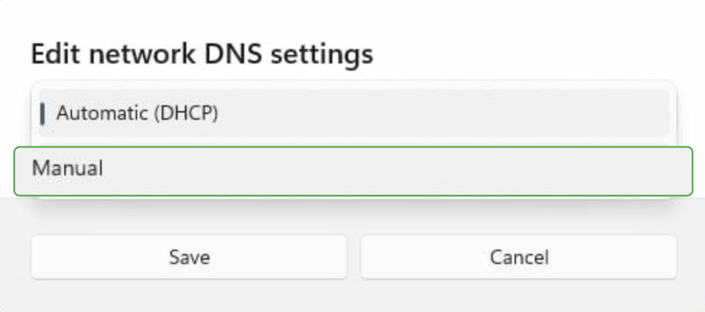 The "Edit network DNS settings" pop-up on Windows 11, showing the "Manual" option highlighted.