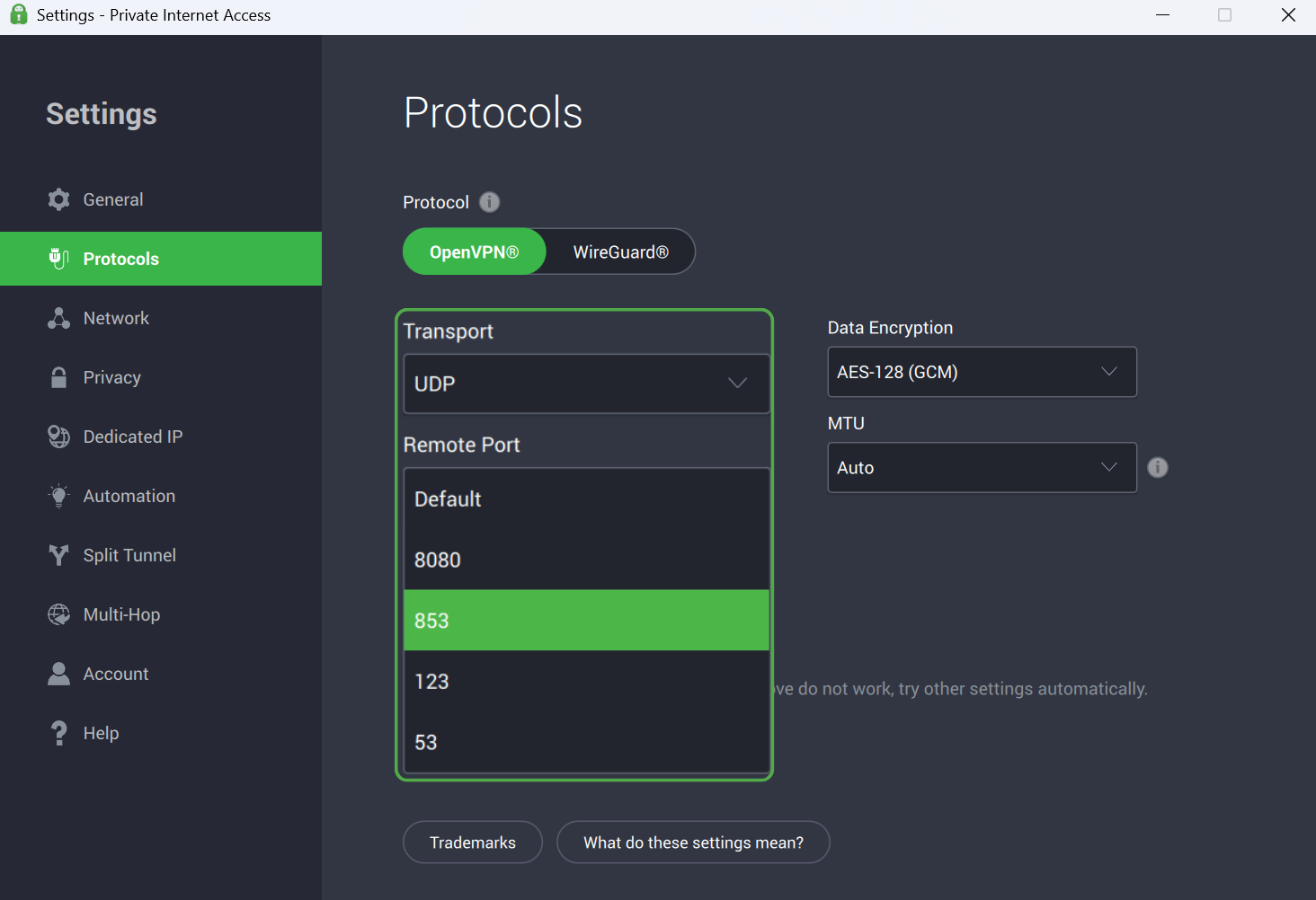 PIA OpenVPN port selection menu.