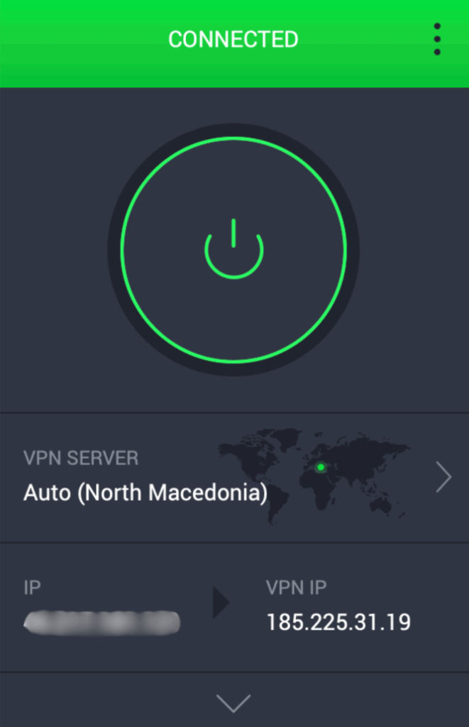 A screenshot of the PIA connected window, showing the user IP address (blurred) and the VPN IP address.