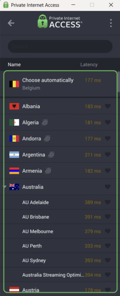 The VPN server menu in the PIA app, showing a portion of the available VPN server locations.