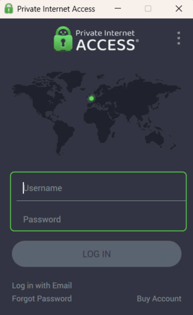 PIA VPN's login page on desktop, highlighting the username and password sections.