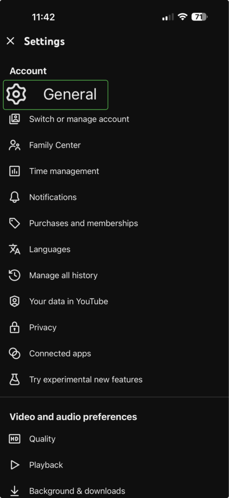 YouTube settings menu on iOS app.