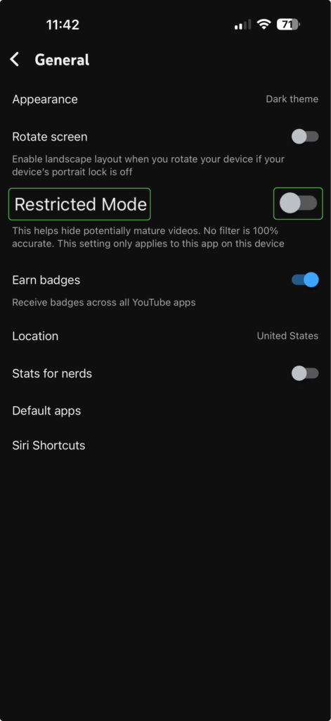 Restricted Mode option in YouTube's settings on iOS.