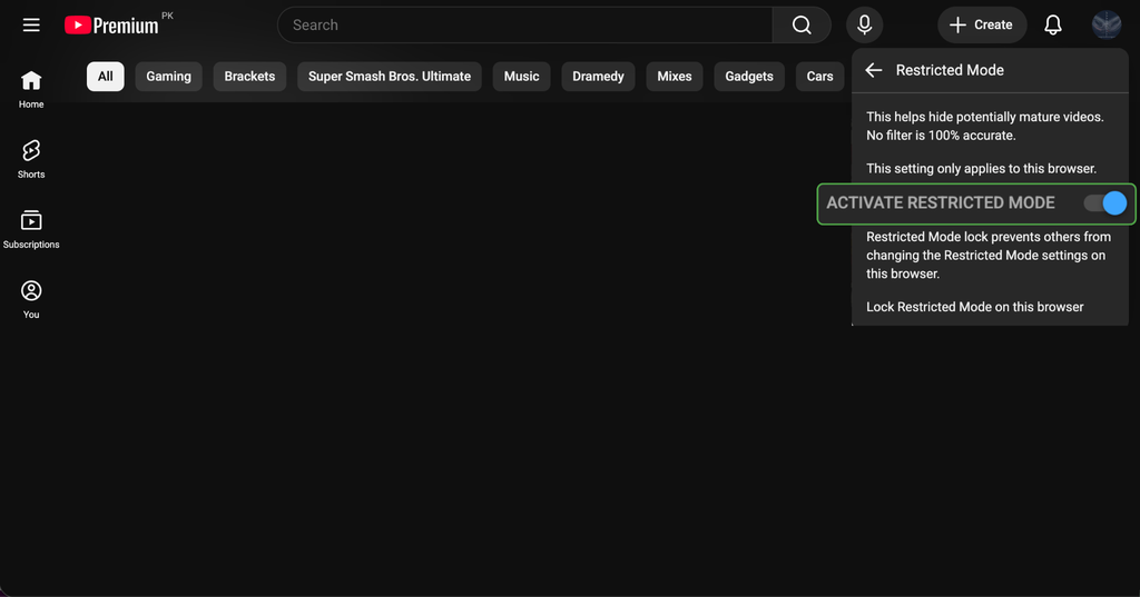 YouTube's Restricted Mode toggle.