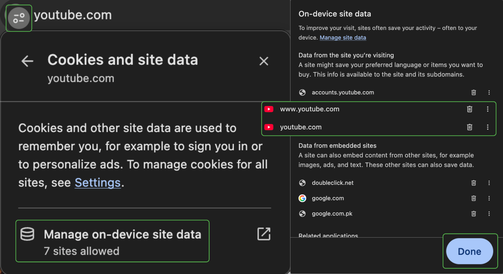 Chrome’s Cookies and site data menu for YouTube, with the option to manage on-device site data.