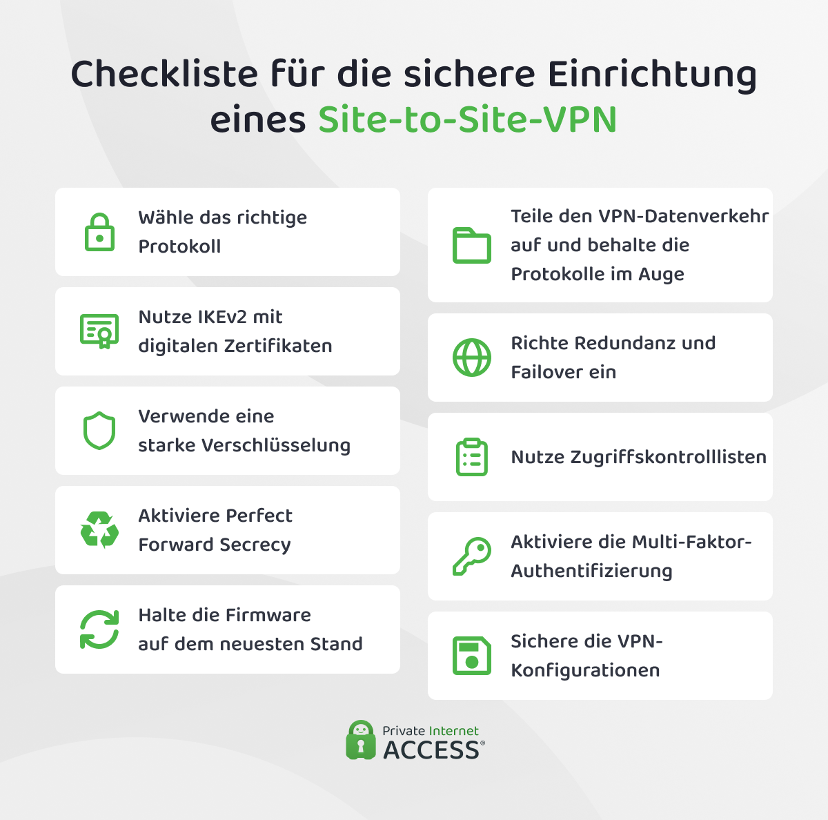 Eine Infografik mit 10 Tipps, wie Du ein Site-to-Site-VPN sicher einrichten kannst.
