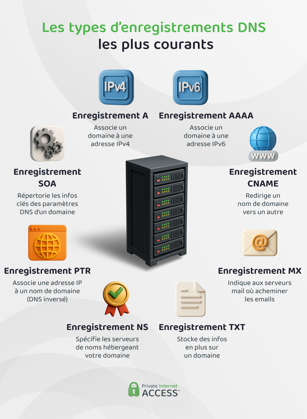 Visualisation des huit types d’enregistrements DNS les plus courants autour d’un serveur DNS.