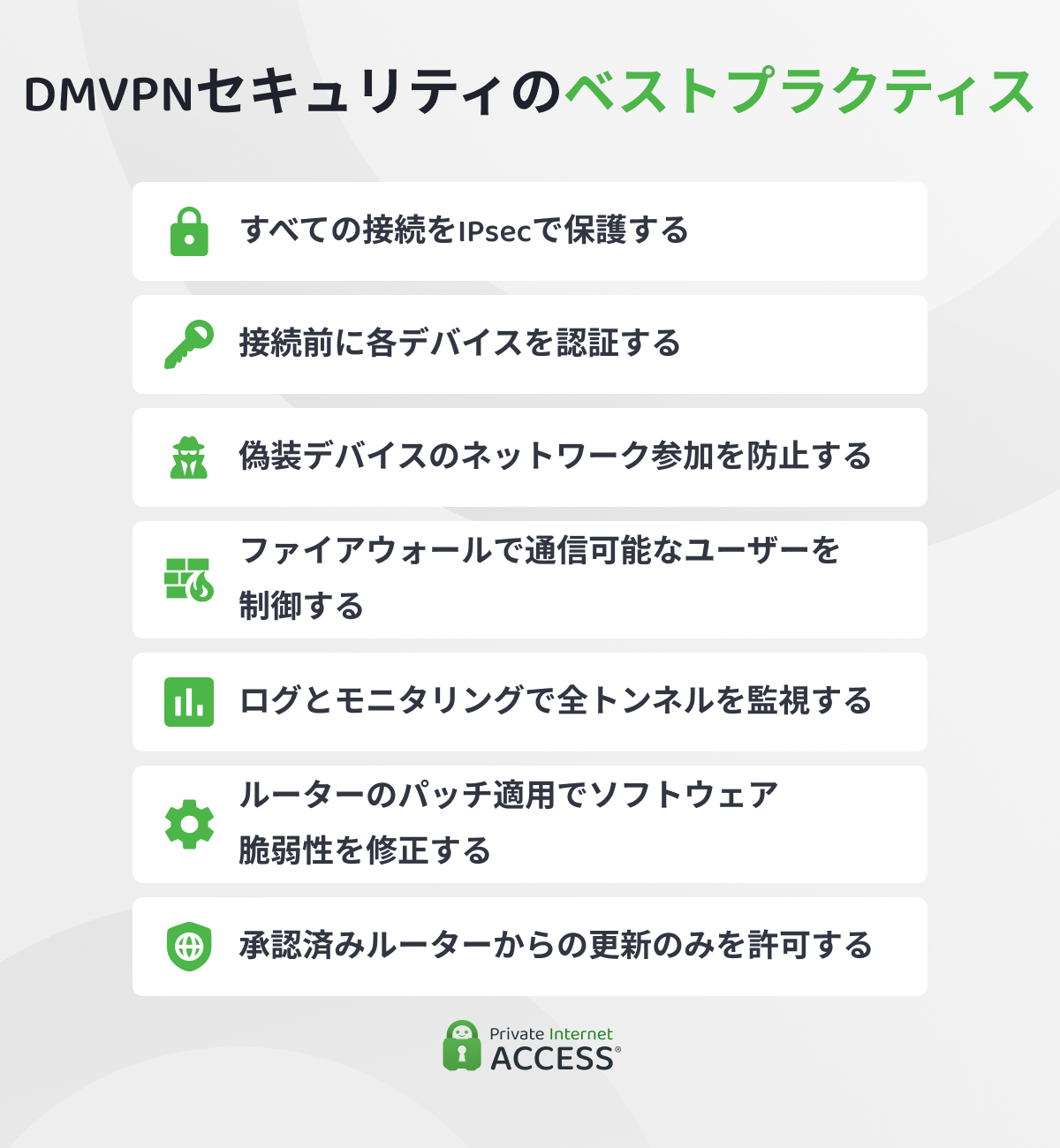 IPsec保護、デバイス認証、ファイアウォール制御、監視、定期的なルーター更新を含む、DMVPNセキュリティのベストプラクティスを図解したインフォグラフィック。