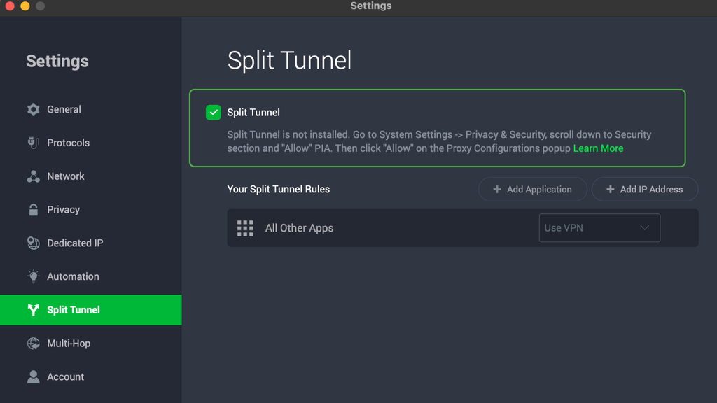 PIA VPN Split Tunnel options on desktop app