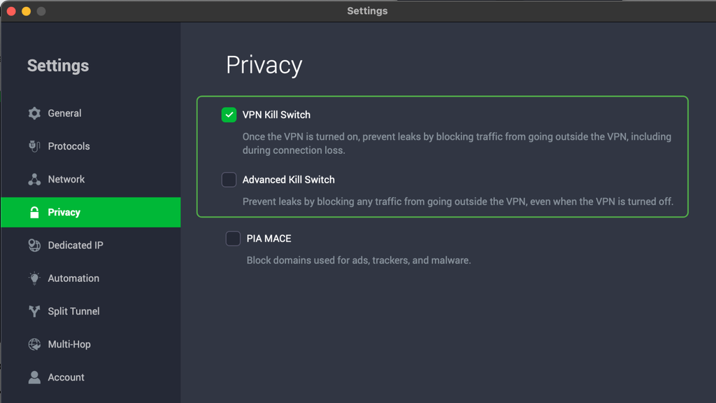 PIA VPN Kill Switch activation on desktop