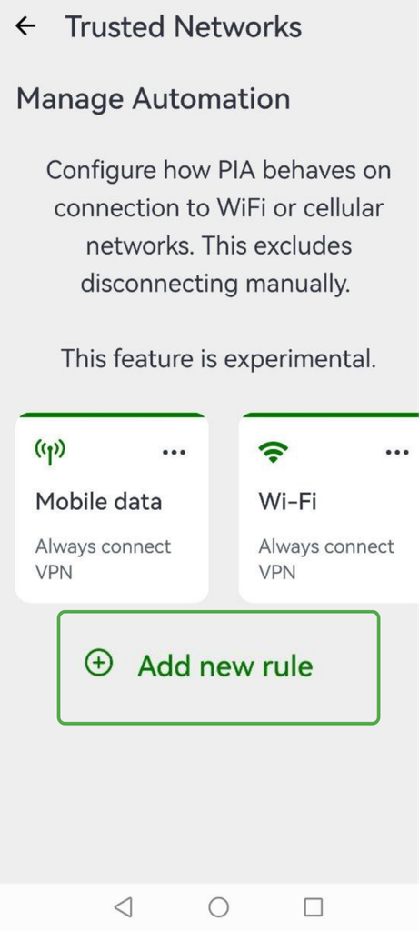 PIA VPN automation options for network connections on Android