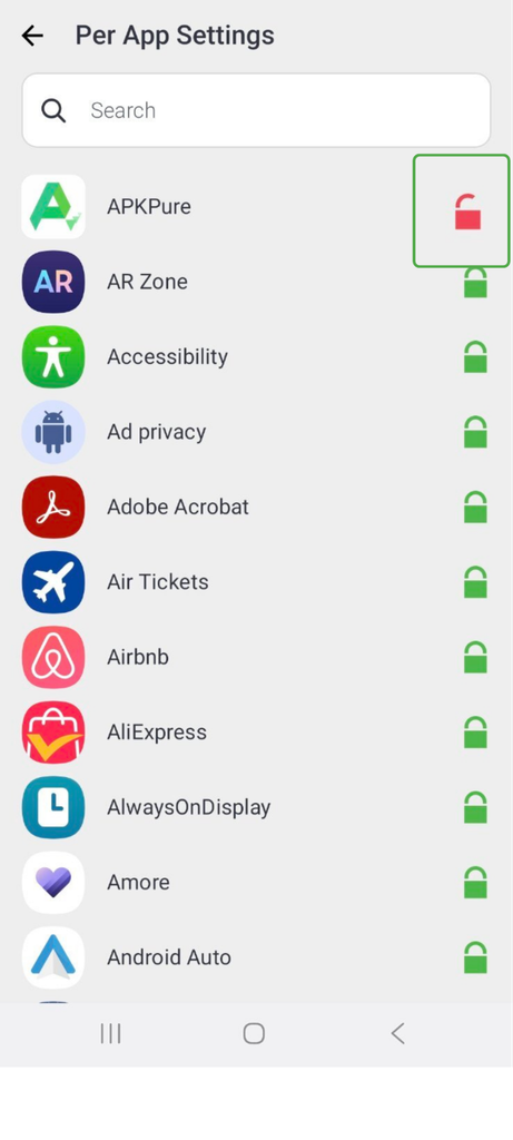 PIA VPN Per App Settings options for Split Tunnelling