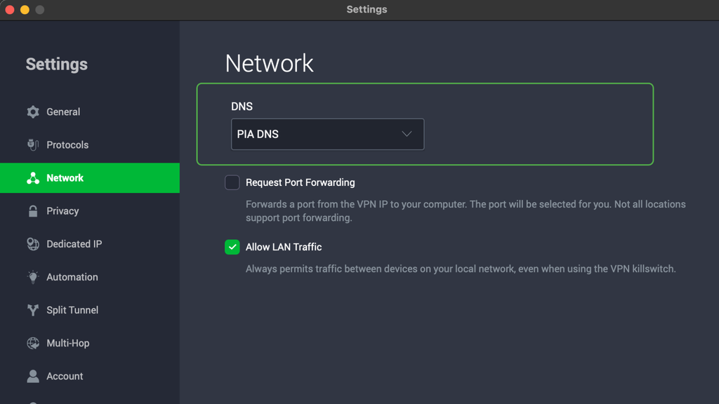 PIA VPN DNS settings on desktop app