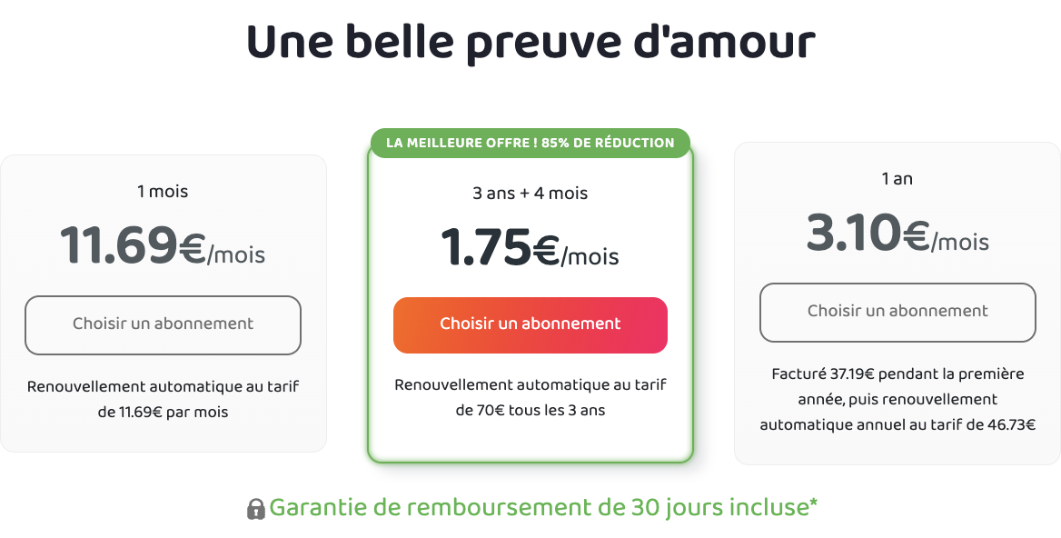 Capture d'écran de la page d’achat de PIA affichant les abonnements disponibles.