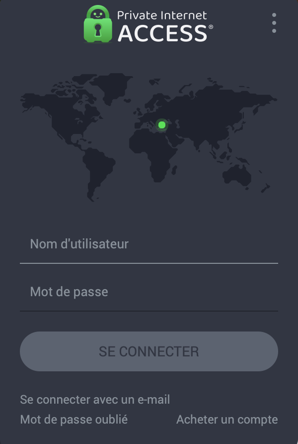 Page de connexion de PIA VPN sur ordinateur, affichant les sections nom d'utilisateur et mot de passe.