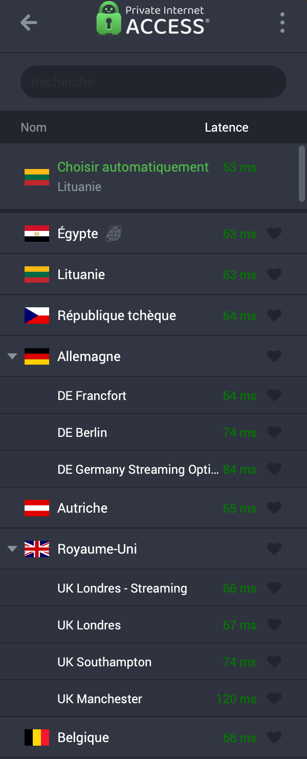 Menu des serveurs VPN dans l'application PIA, affichant une partie des emplacements de serveurs VPN disponibles.