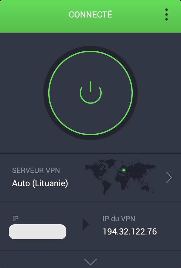 Capture d'écran de la fenêtre connectée à PIA, affichant l'adresse IP de l'utilisateur (floutée) et l'adresse IP du VPN.