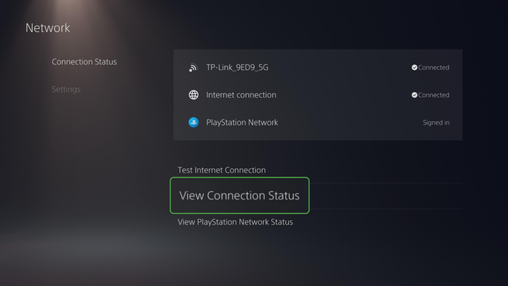 PS5 Network menu showing “View Connection Status” highlighted beneath the connection summary.