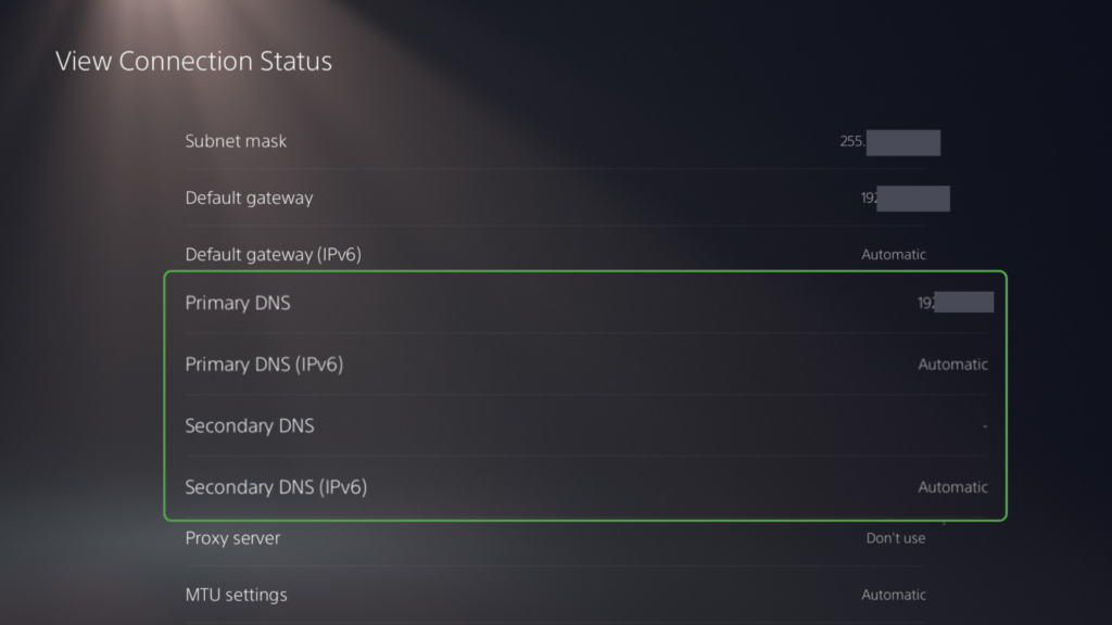 PS5 connection status screen displaying Primary DNS and Secondary DNS values in the network details list.