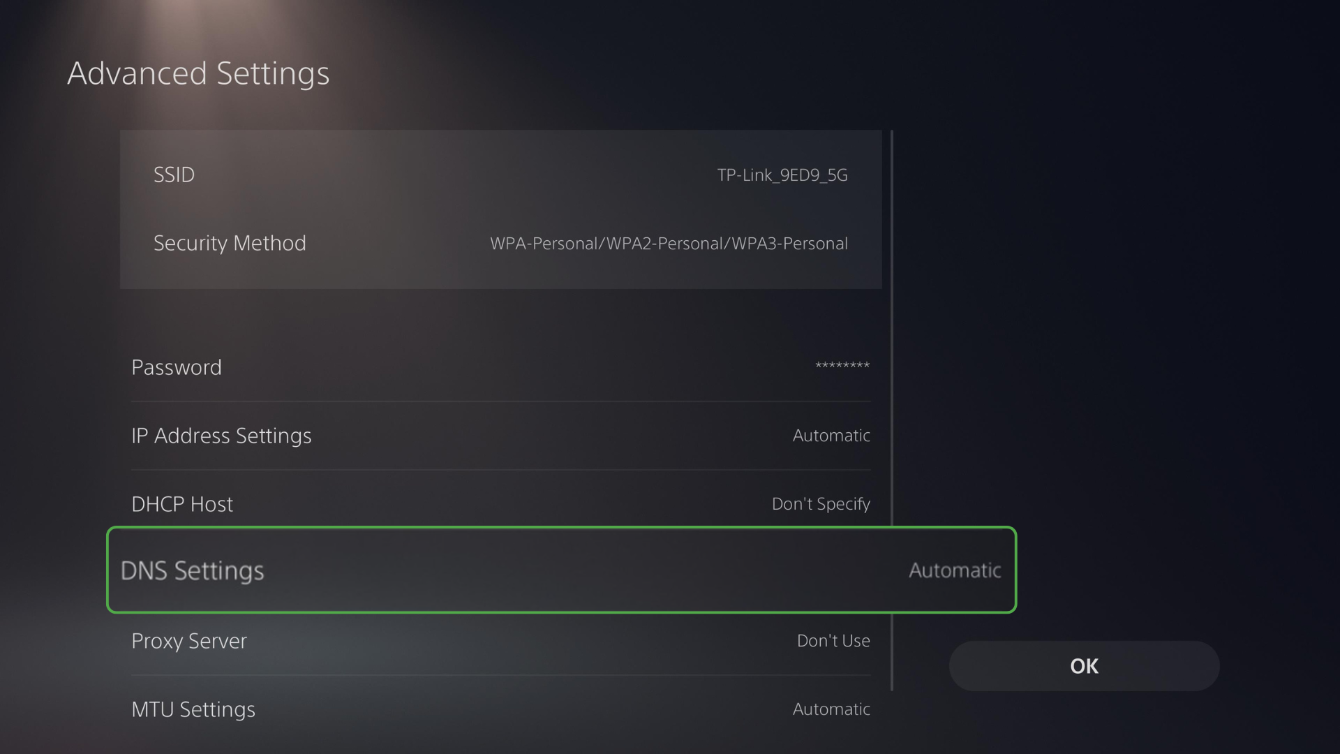 PS5 Advanced Settings with automatic DNS highlighted.