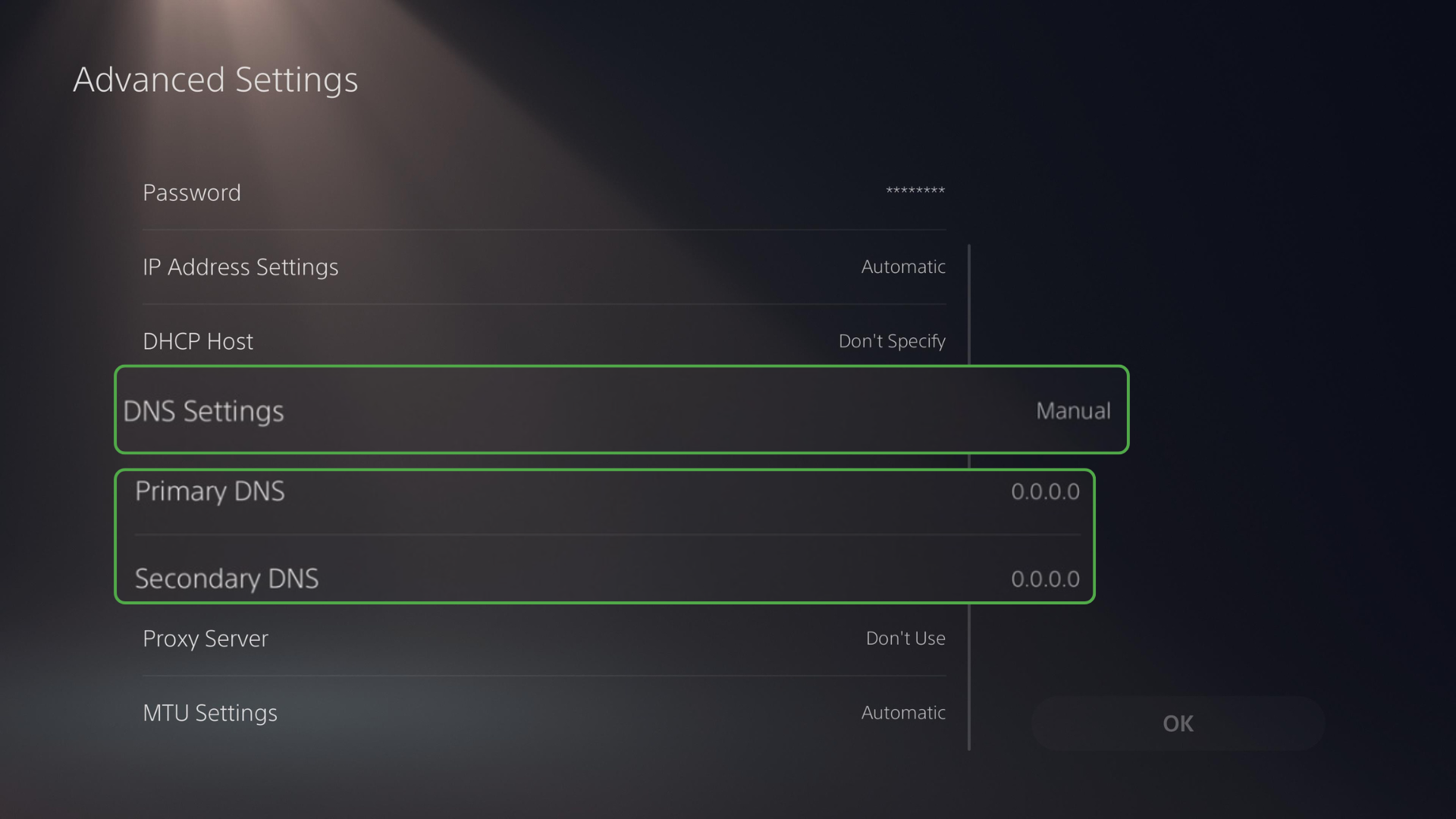 PS5 manual network setup screen with “DNS Settings” set to Manual and highlighted for editing.