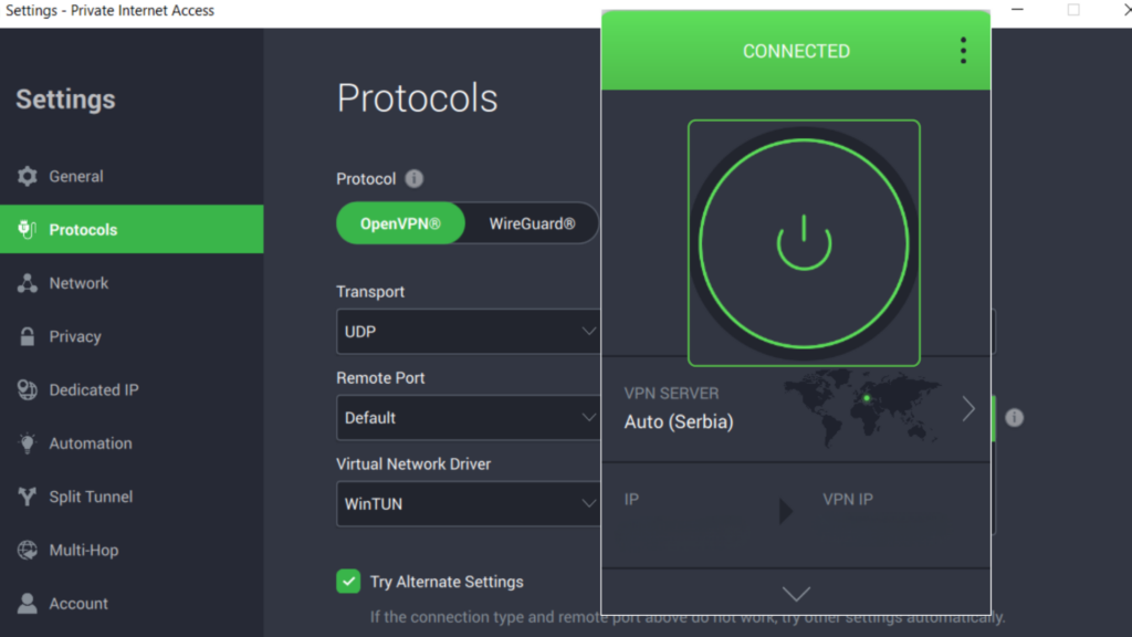 PIA VPN connected to a server in Serbia.