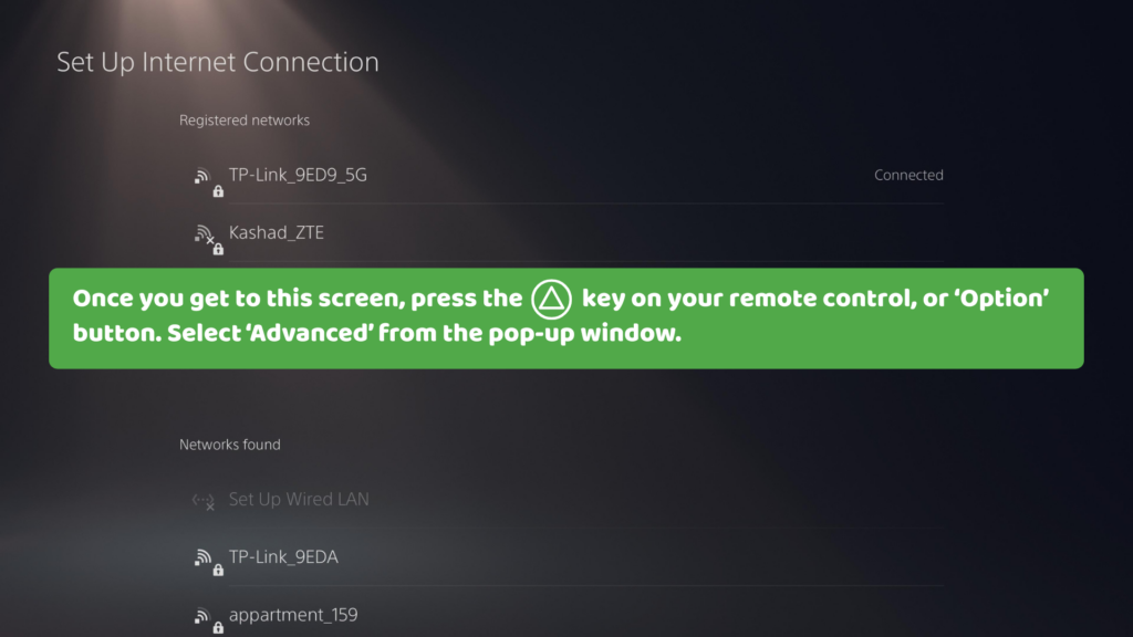 PS5 network screen showing the “Set Up Internet Connection” option selected.